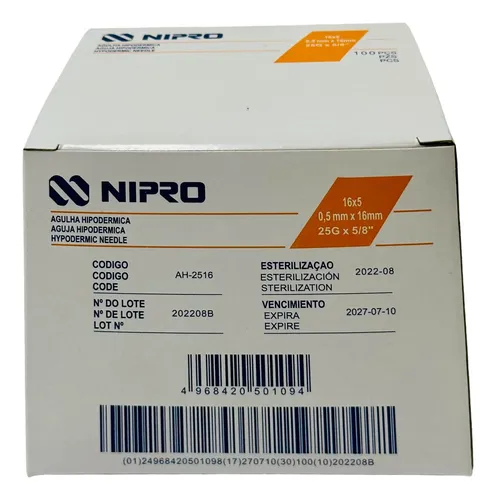 AGUJA HIPODERMICA N. 25 X 5/8 X 100 UND